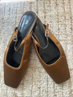 Zara Light BrownSquare-Toe Slingback Flats with Buckle